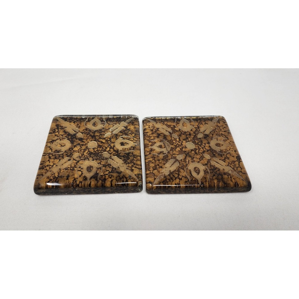 Bombay Company Glass Coasters Fused Cased Thick Gold Tortoise Shell Etched (2)